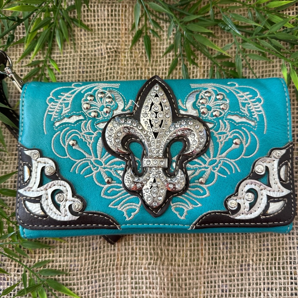 Turquoise FLEUR DE LIS Embroidered Women's  Bag Wristlet Wallet Purse